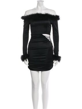 Nana Jacqueline Black Off-Shoulder Faux-Fur Trim Ruched Mini Dress